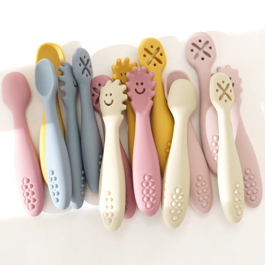 3PCS Kawaii Baby Learning Spoons Utensils Set Toddler Feeding Tableware Baby Silicone Teether Toys Training Cutlery Baby Stuff