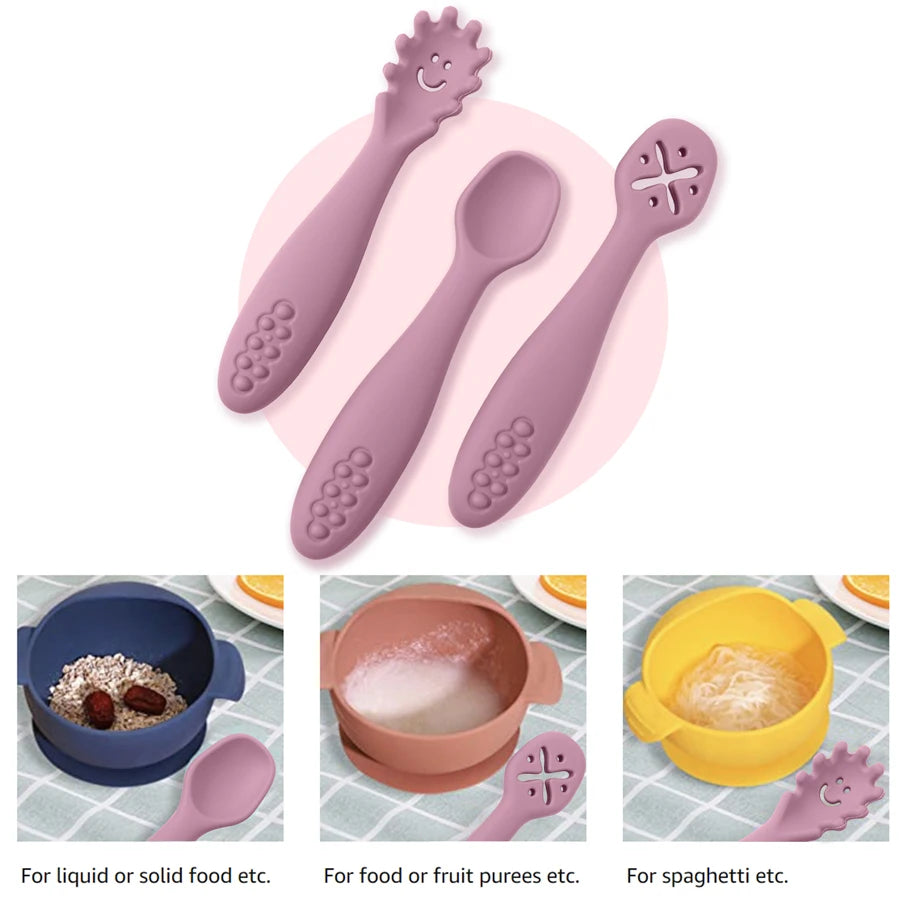 3PCS Kawaii Baby Learning Spoons Utensils Set Toddler Feeding Tableware Baby Silicone Teether Toys Training Cutlery Baby Stuff