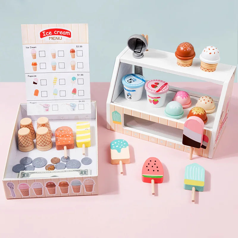Wooden Ice Cream Counter Playset for Toddler Toys, Montessori Pretend Play Food Toys Kitchen Accessories