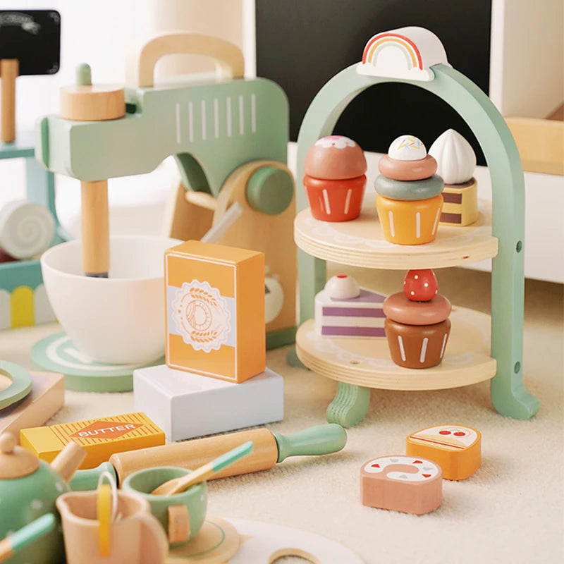 Wooden Play Kitchen for Children Wooden High Tea Set Pretend Play Food Learning Role Play Game Early Educational Toys Gifts