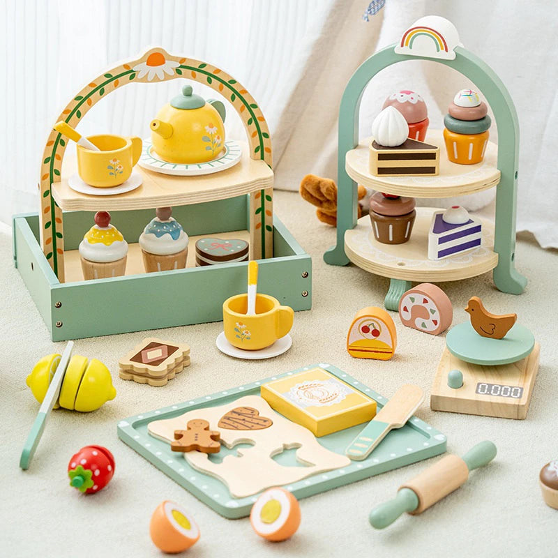 Wooden Play Kitchen for Children Wooden High Tea Set Pretend Play Food Learning Role Play Game Early Educational Toys Gifts