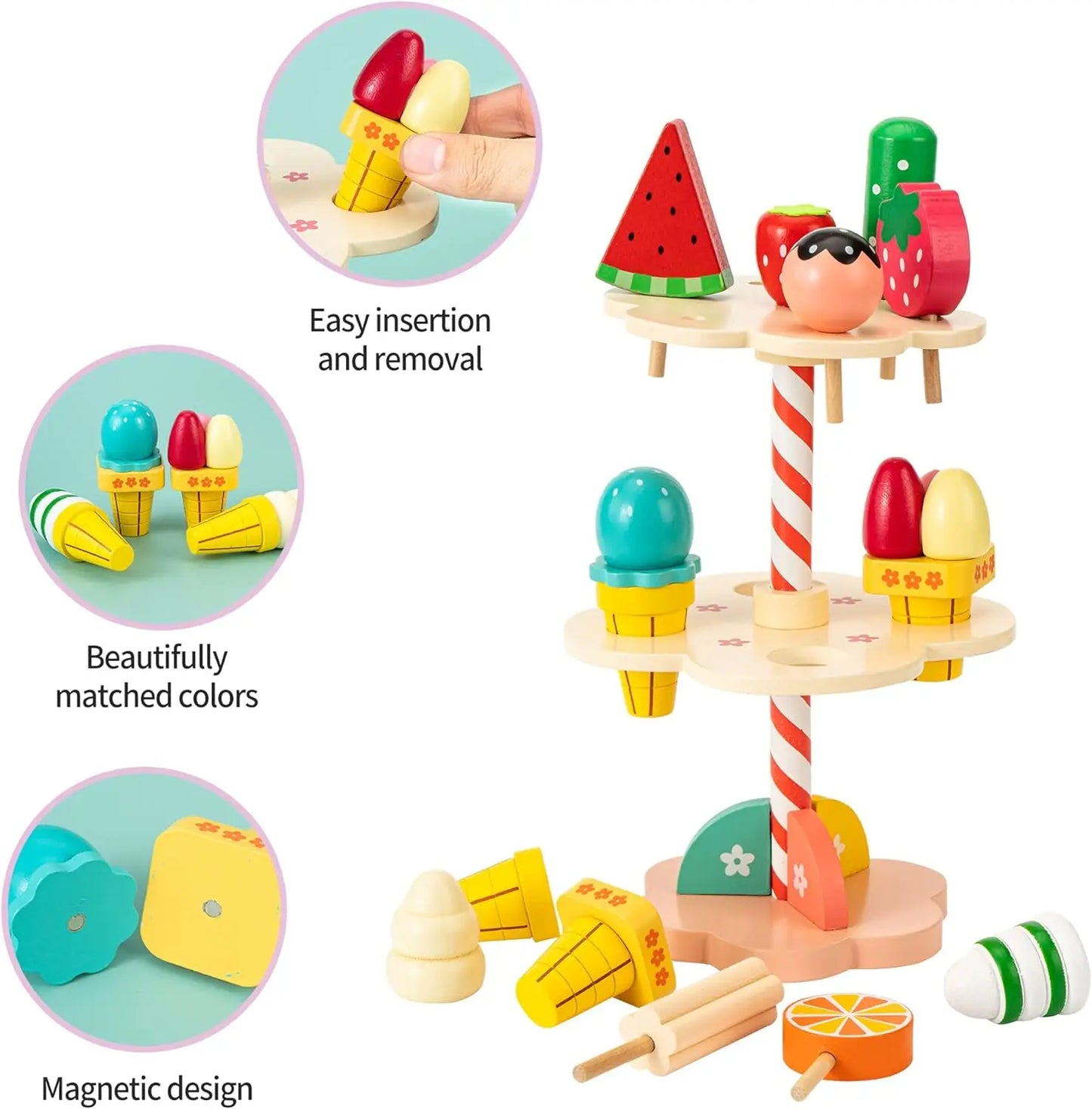 Wooden Ice Cream Counter Playset for Toddler Toys, Montessori Pretend Play Food Toys Kitchen Accessories