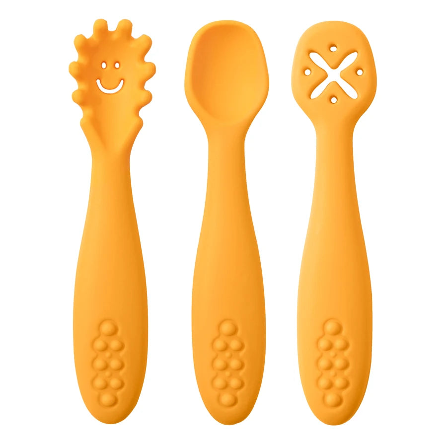3PCS Kawaii Baby Learning Spoons Utensils Set Toddler Feeding Tableware Baby Silicone Teether Toys Training Cutlery Baby Stuff