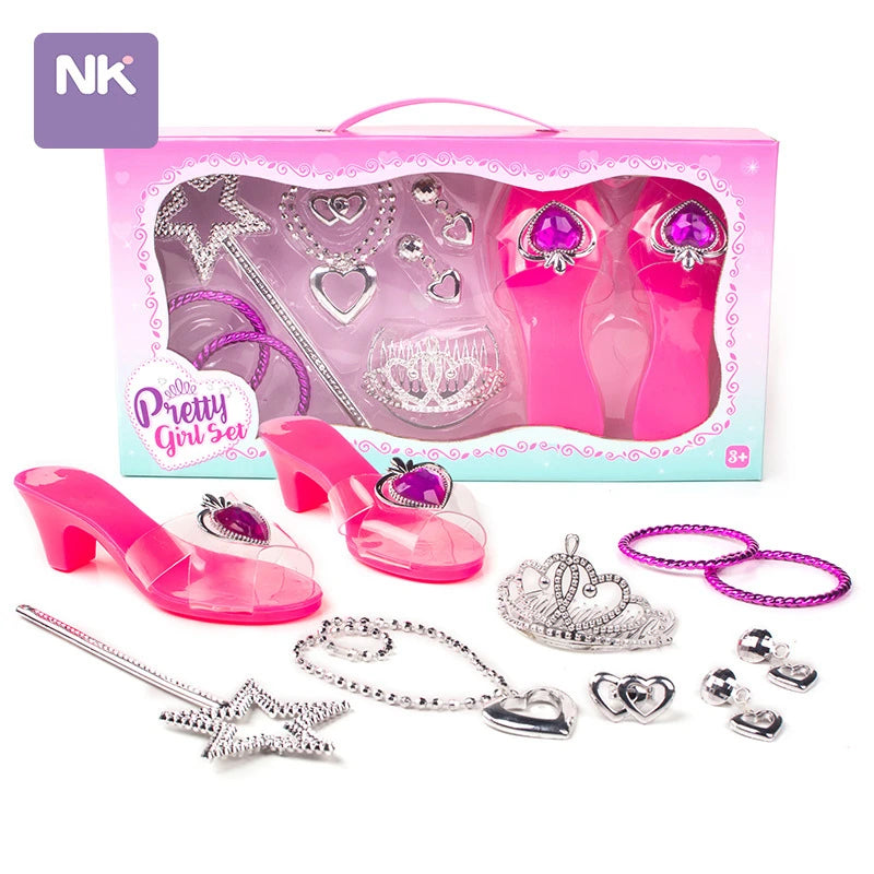Pretend Play Jewelry Toys Princess Accessories Set for Toddler Girls Dress up Shoes Toys Crown Necklace Ring Makeup Toy