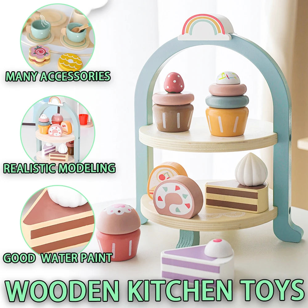 Wooden Play Kitchen for Children Wooden High Tea Set Pretend Play Food Learning Role Play Game Early Educational Toys Gifts