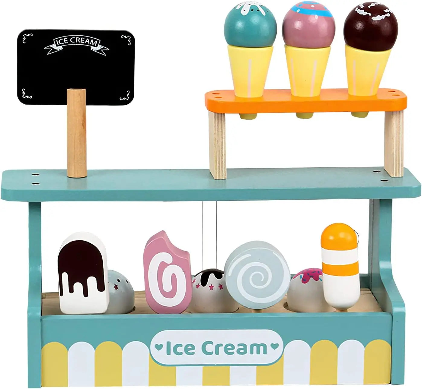 Wooden Ice Cream Counter Playset for Toddler Toys, Montessori Pretend Play Food Toys Kitchen Accessories