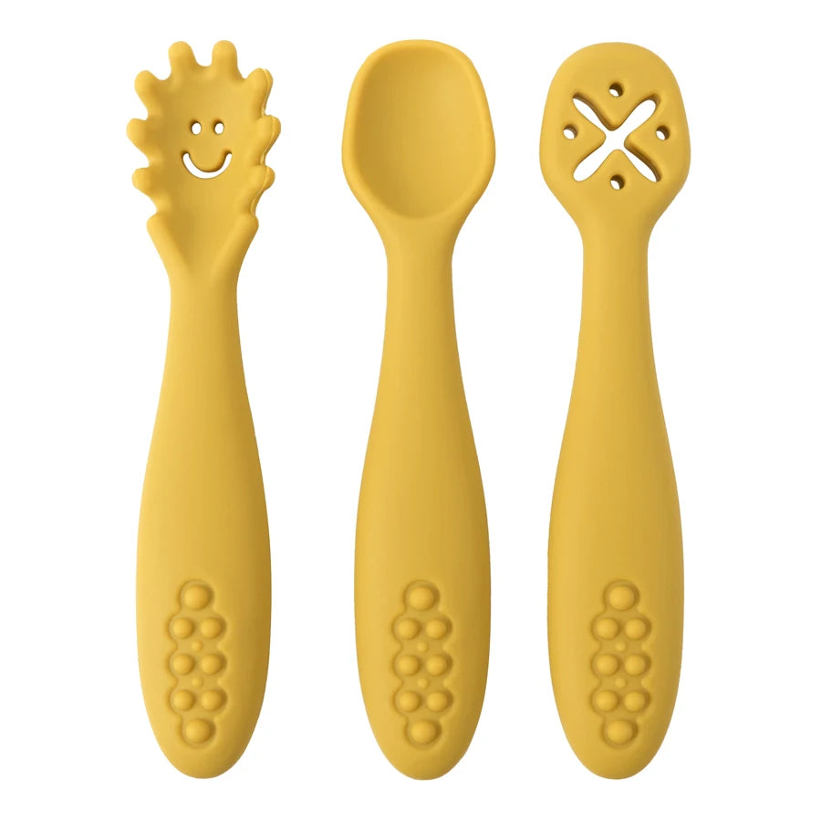 3PCS Kawaii Baby Learning Spoons Utensils Set Toddler Feeding Tableware Baby Silicone Teether Toys Training Cutlery Baby Stuff