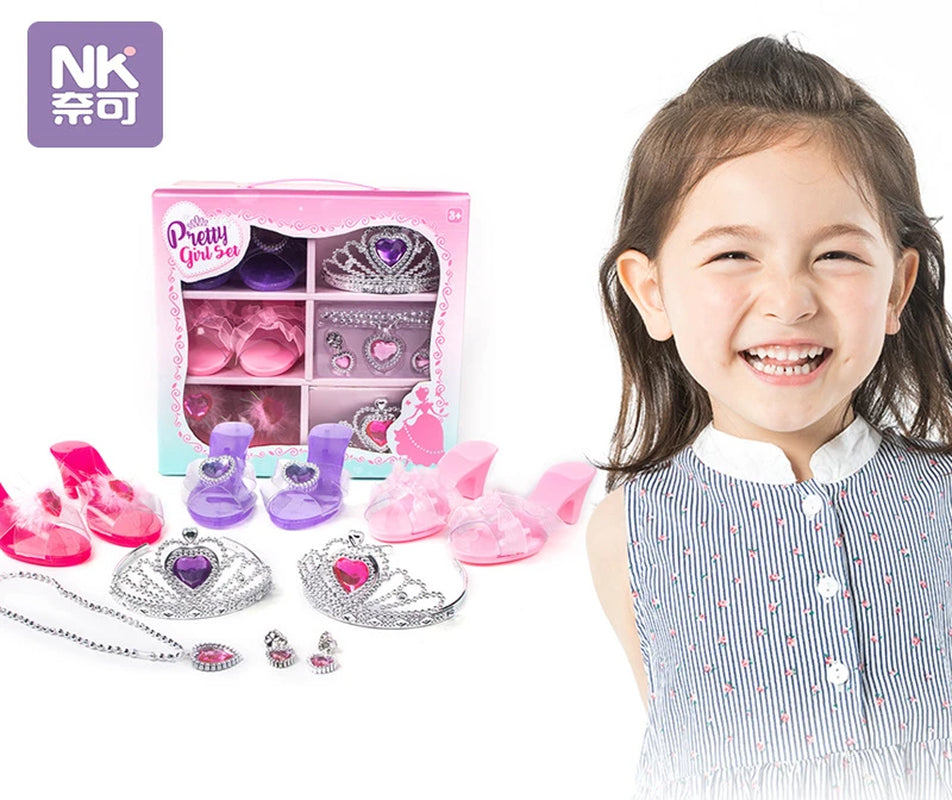Pretend Play Jewelry Toys Princess Accessories Set for Toddler Girls Dress up Shoes Toys Crown Necklace Ring Makeup Toy