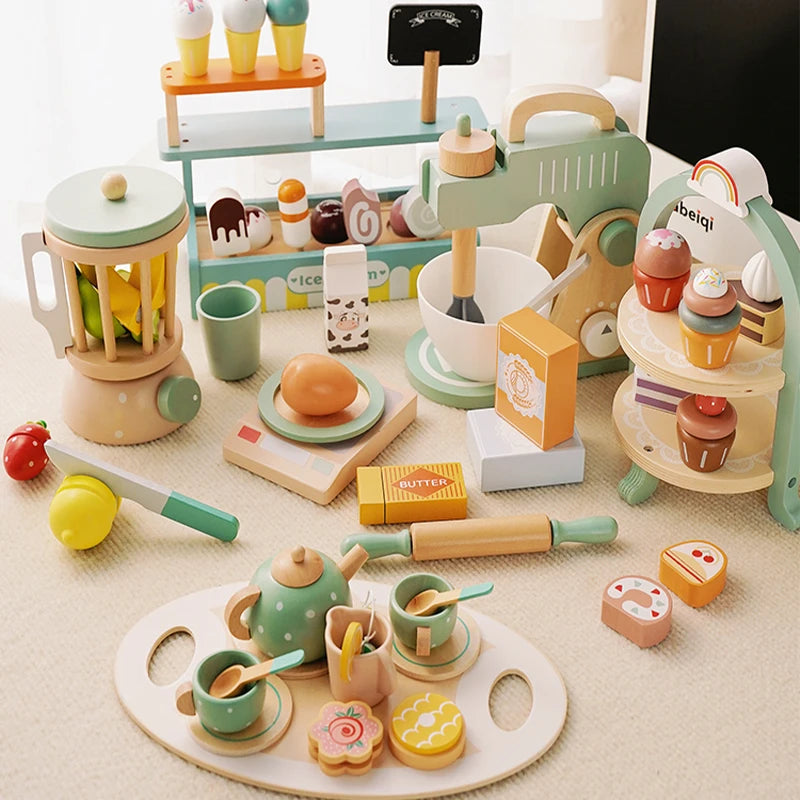 Wooden Play Kitchen for Children Wooden High Tea Set Pretend Play Food Learning Role Play Game Early Educational Toys Gifts