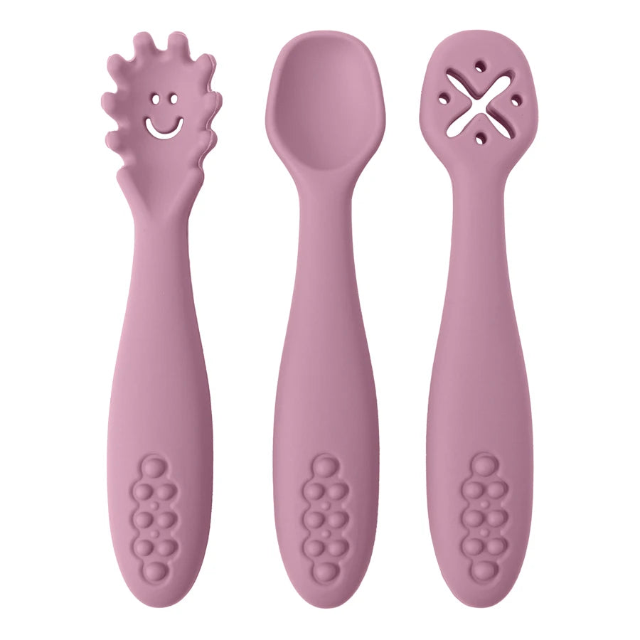 3PCS Kawaii Baby Learning Spoons Utensils Set Toddler Feeding Tableware Baby Silicone Teether Toys Training Cutlery Baby Stuff