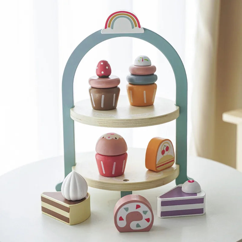 Wooden Play Kitchen for Children Wooden High Tea Set Pretend Play Food Learning Role Play Game Early Educational Toys Gifts