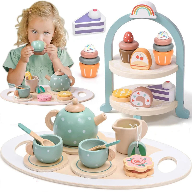 Wooden Play Kitchen for Children Wooden High Tea Set Pretend Play Food Learning Role Play Game Early Educational Toys Gifts