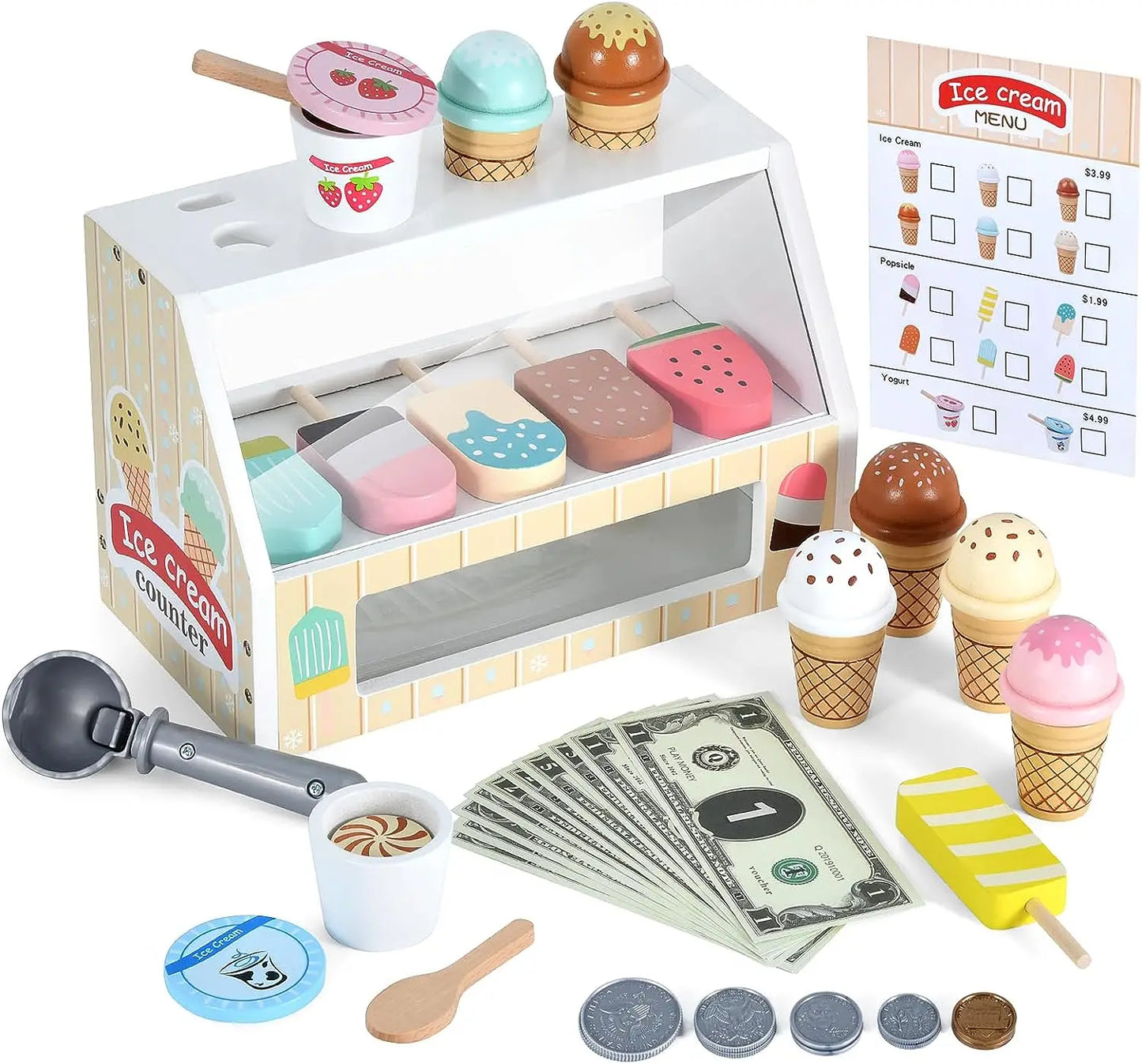 Wooden Ice Cream Counter Playset for Toddler Toys, Montessori Pretend Play Food Toys Kitchen Accessories
