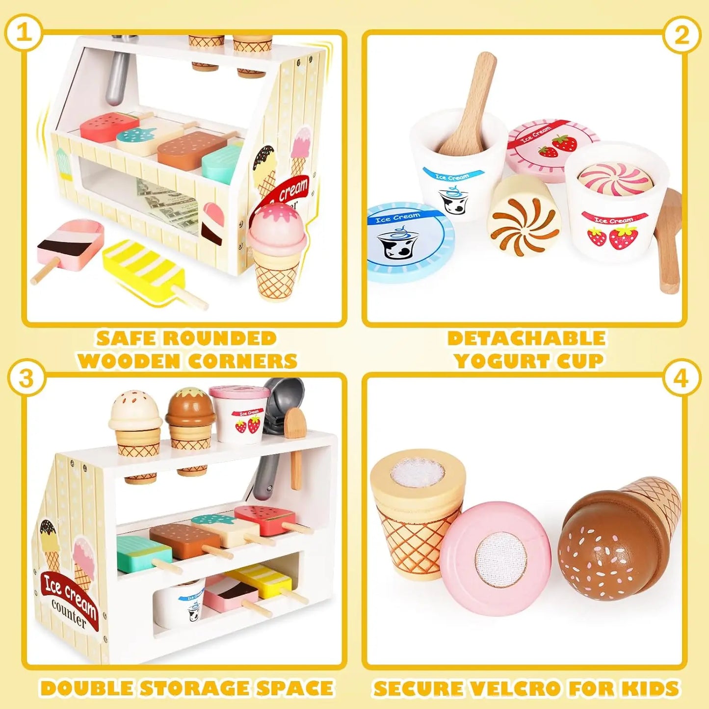 Wooden Ice Cream Counter Playset for Toddler Toys, Montessori Pretend Play Food Toys Kitchen Accessories