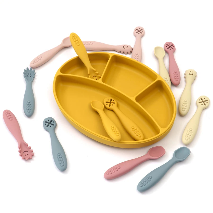 3PCS Kawaii Baby Learning Spoons Utensils Set Toddler Feeding Tableware Baby Silicone Teether Toys Training Cutlery Baby Stuff