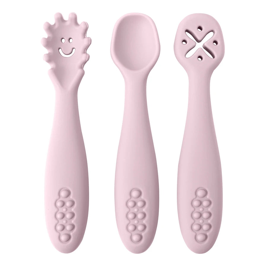 3PCS Kawaii Baby Learning Spoons Utensils Set Toddler Feeding Tableware Baby Silicone Teether Toys Training Cutlery Baby Stuff