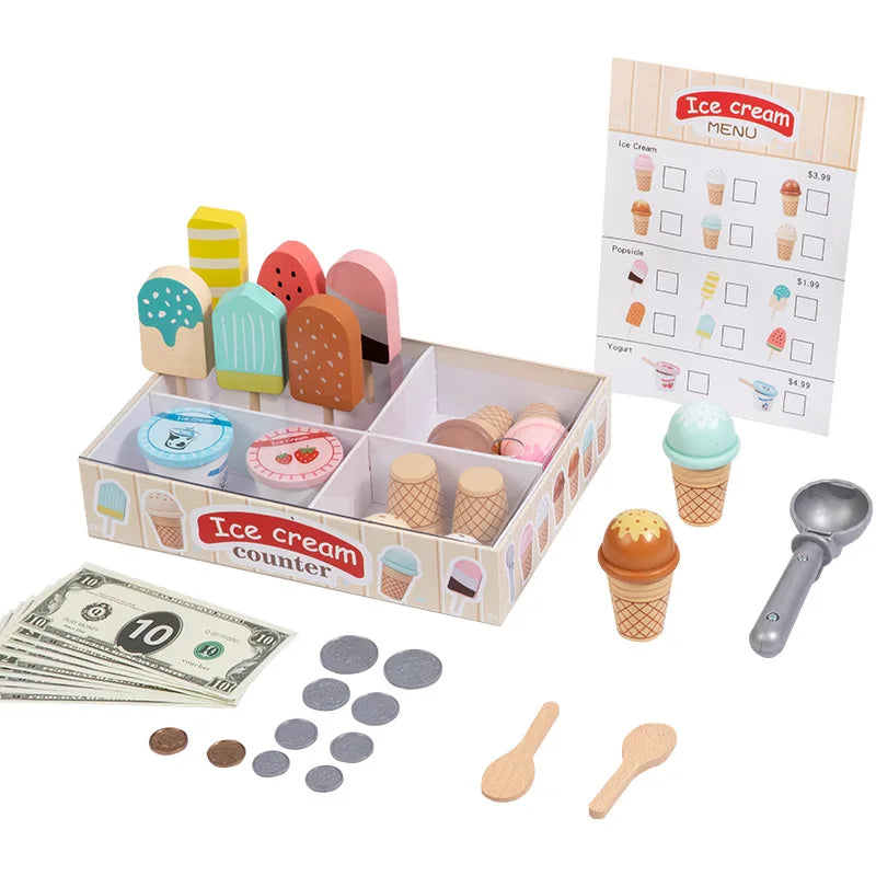 Wooden Ice Cream Counter Playset for Toddler Toys, Montessori Pretend Play Food Toys Kitchen Accessories