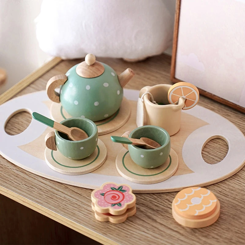 Wooden Play Kitchen for Children Wooden High Tea Set Pretend Play Food Learning Role Play Game Early Educational Toys Gifts
