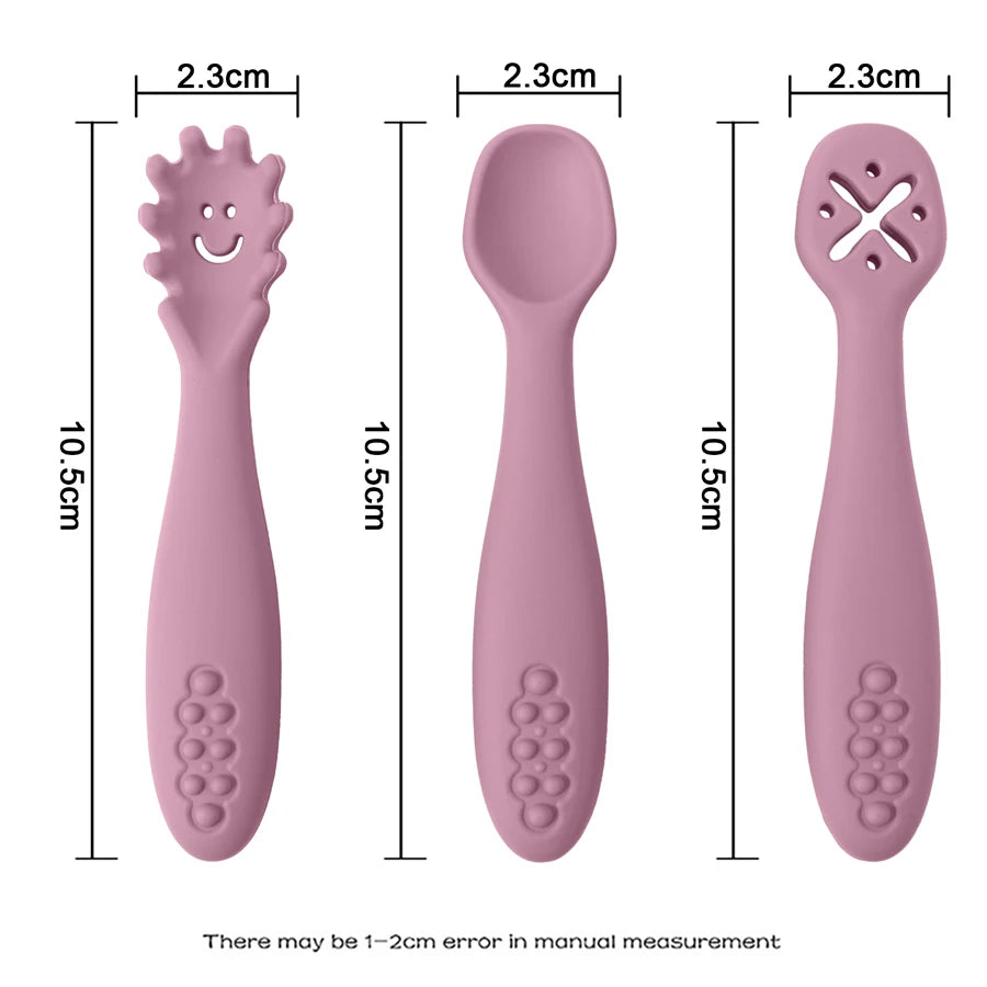 3PCS Kawaii Baby Learning Spoons Utensils Set Toddler Feeding Tableware Baby Silicone Teether Toys Training Cutlery Baby Stuff