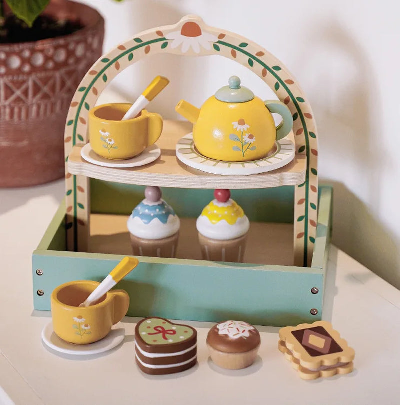 Wooden Play Kitchen for Children Wooden High Tea Set Pretend Play Food Learning Role Play Game Early Educational Toys Gifts