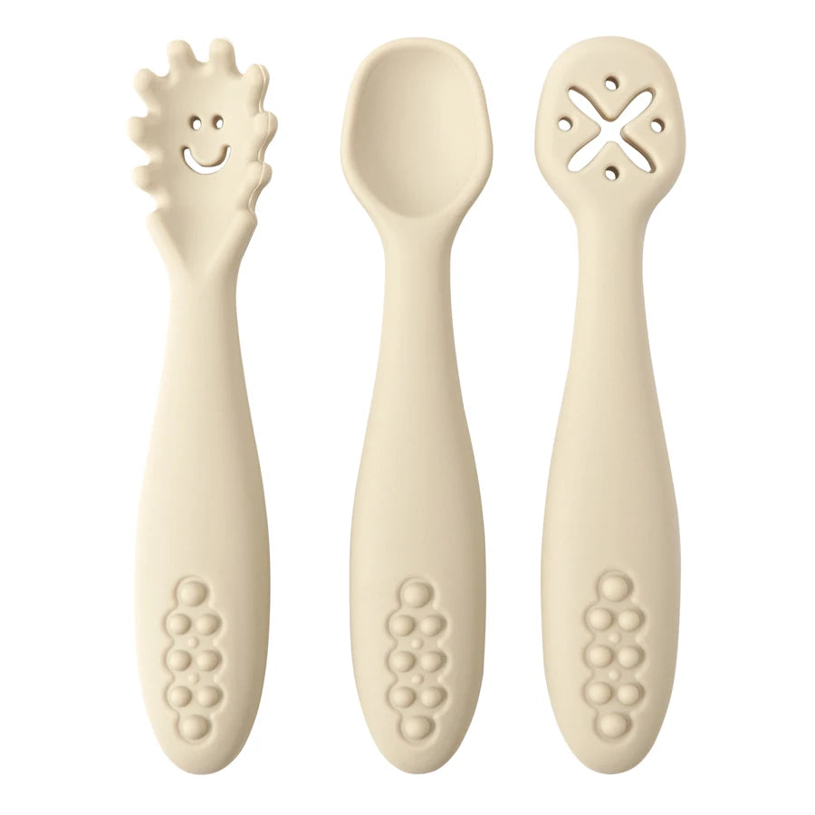 3PCS Kawaii Baby Learning Spoons Utensils Set Toddler Feeding Tableware Baby Silicone Teether Toys Training Cutlery Baby Stuff