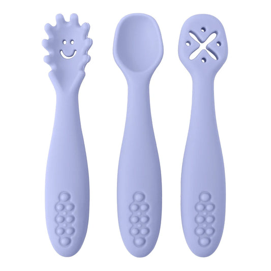 3PCS Kawaii Baby Learning Spoons Utensils Set Toddler Feeding Tableware Baby Silicone Teether Toys Training Cutlery Baby Stuff