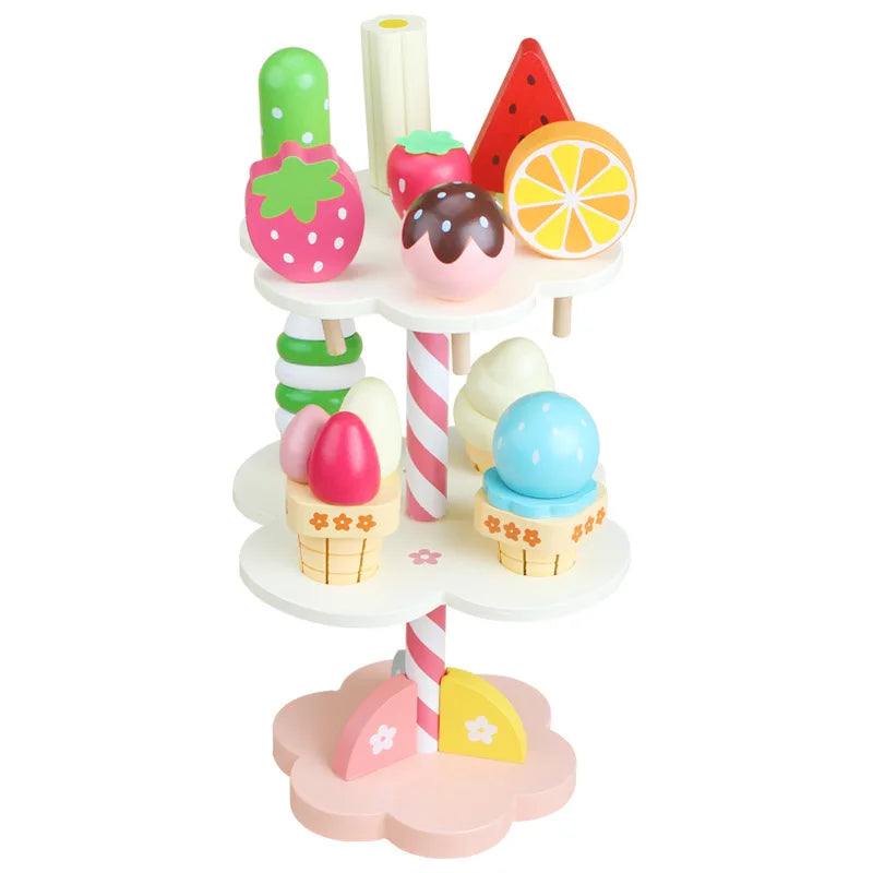 Wooden Ice Cream Counter Playset for Toddler Toys, Montessori Pretend Play Food Toys Kitchen Accessories